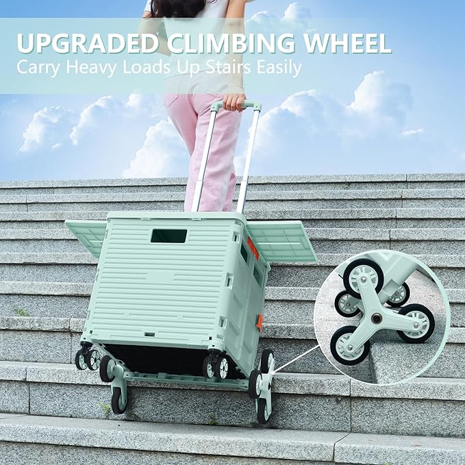 Foldable Utility Cart with Stair Climbing Wheels,Collapsible Rolling Crate with Magnetic Lid Telescopic Cover,Telescoping Handle,360° Rotate Wheel Hand Cart for Teacher Shopping Moving Grocery(Green)