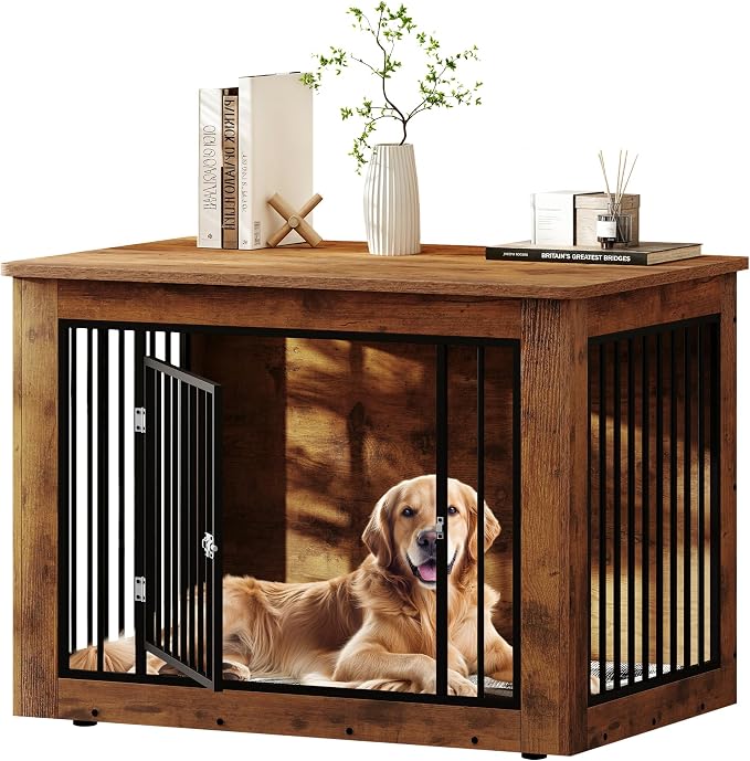 DWVO Dog Crate Furniture, 38" Dog Kennel Indoor Furniture End Table for Dog | Farmhouse Decorative Wooden Cage, Chew-Resistant, Rustic Brown