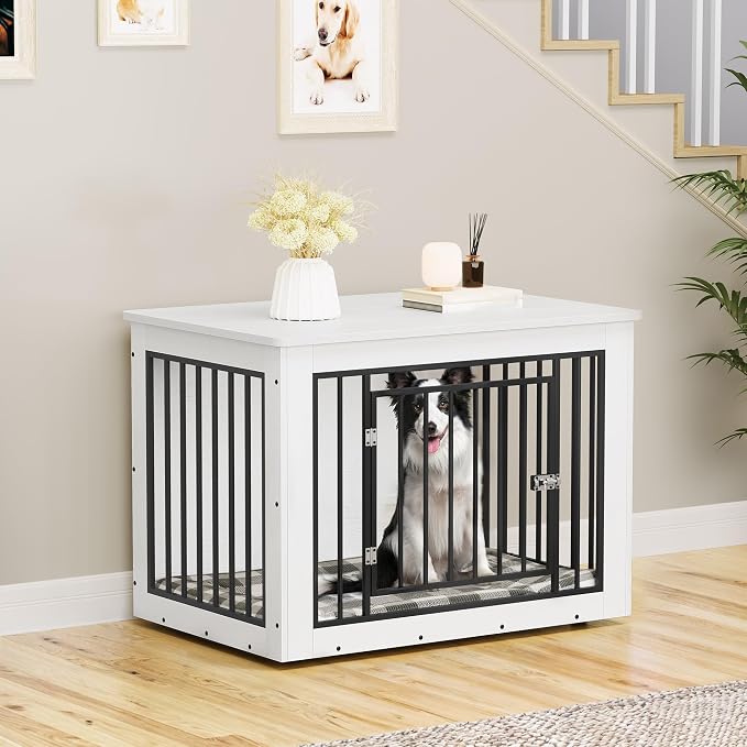 YITAHOME 38.2" Dog Crate Furniture 2-in-1 Iron-Wood Fusion up to 60 lb | Modern Dog Kennel Indoor Side End Table with Waterproof Top, Safety Corners, Steel Lock, White