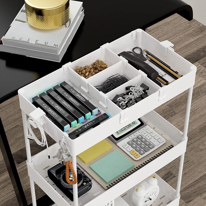 4 Tier Rolling Cart with Wheels, Storage Craft Art Trolley Organizer Serving, 3 Hanging Baskets Easy Assembly, for Office, Living Room, Kitchen