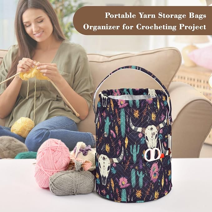Fustylead Tribal Skull Cactus Western Skeleton Bull Crochet Drawstring Organizer, Large Yarn Bag Storage Tote Basket for Crocheting On The Go, Kit Holder, Gift for Knitter, Crochet Beginner