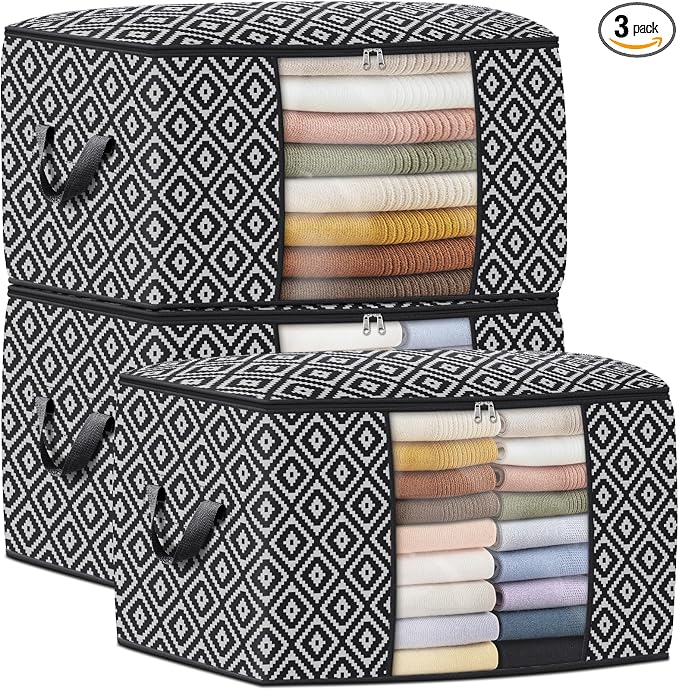 100L 3 Pack Storage Bags, Foldable Clothes Bins with Clear Window, Black | Blanket Storage Containers with Reinforced Handles for Bedding, Comforters, Clothing, Quilts and Closet Organization