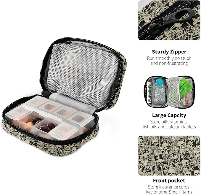 Gothic Skull Skeleton Pill Case, Portable Weekly Pill Box Bag Container 7 Days Pill Organizer Vitamin Supplement Holder with Zipper for Travel Family Business