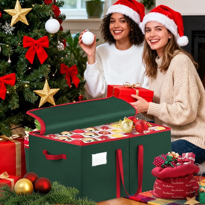 SeasonBliss Christmas Ornament Storage Box, Large Holds 128 Balls, Green | Christmas Decoration Organizer, Sturdy Storage Bin, Adjustable Dividers, Holiday Ornaments Protection, With Zippers Handles