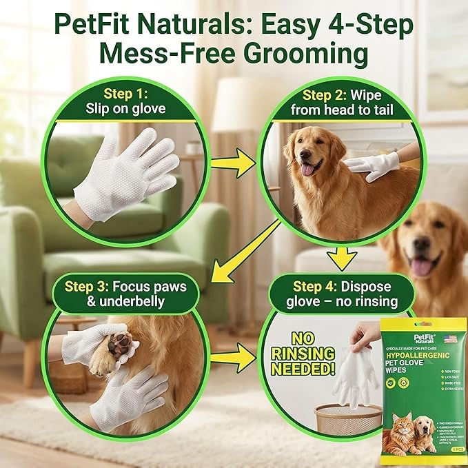 5-Finger Grooming Glove Wipes for Dogs & Cats, Extra Thick Waterless Bath & Deodorizing, Hypoallergenic Rinse-Free Cleaning for Senior, Post-Surgery & Travel - 6 Count (6pcs)