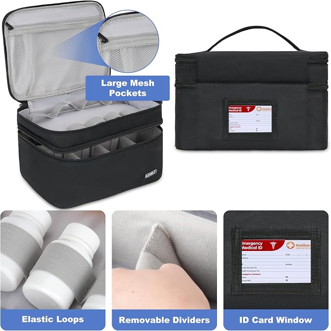 LEFOR·Z Medicine Storage Bag,Double Layers Pill Bottle Organizer Bag Empty | Medical Supplies Bag with Lockable Zipper & Adjustable Divider,Medication Travel Carrying Bag for Pills,Vitamins,Black