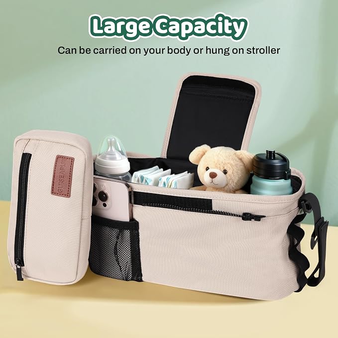 Universal Stroller Organizer with Cup Holder: Non Slip Strap Stroller Caddy | Stroller Bag with Detachable Phone Bag, Fits for Uppababy, Baby Jogger Stroller Accessories, Christmas New Moms Baby Gifts