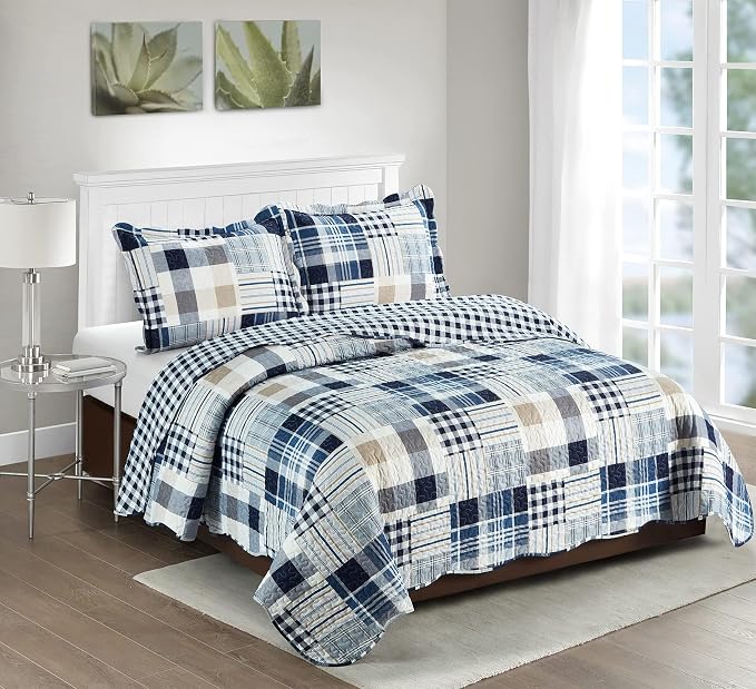 Brilliant Sunshine Multi Blue Plaids & Stripes Pillowshams Set, 20"x26"+2" | Patchwork Design, Quilted Standard Pillowcases, Washable Scallop Edge Pillow Covers, Pack of 2