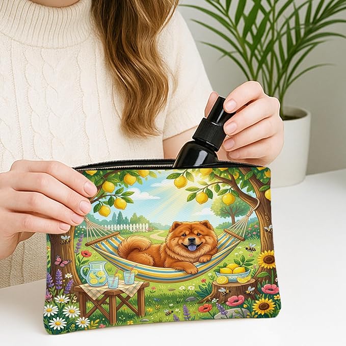 Chow Chow Dog Makeup Bag, Country Lemon Floral Plant Printed Cosmetic Travel Pouch for Women, Pet Portable Small Canvas Zipper Organizer 7x9 Inch