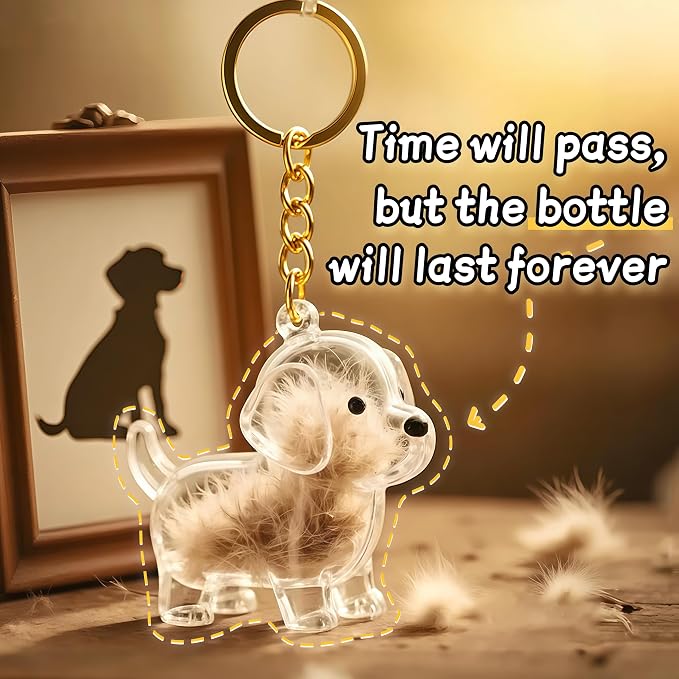 4 PCS Dog Hair Collector Keychain Charm(Send Brush Comb), Dog Shape Memorial Storage Box with Transparent Bottle for DIY Pet Furs & Ashes Keepsake, Portable Pet Memory Capsule Keyring