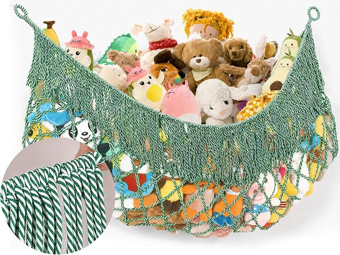 Stuffed Animal Hammock - Extra Large 63'' Long (Green-White) | Premium Cotton Hand-knitted, Beautiful Long Tassel, Storage Hanging Organizer, Can Fit Stuffed Animals 40 Piece or More