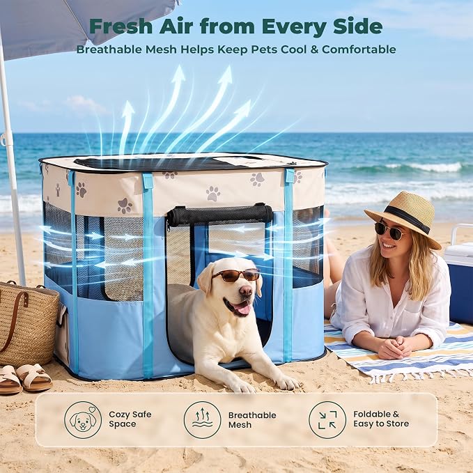 Avont Portable Pet Puppy Dog Playpen, Foldable Cat Playpen, Indoor/Outdoor | Water-Resistant Breathable Shade Cover, Travel Camping Use for Small Animals with Carrying Case, (L/Blue)
