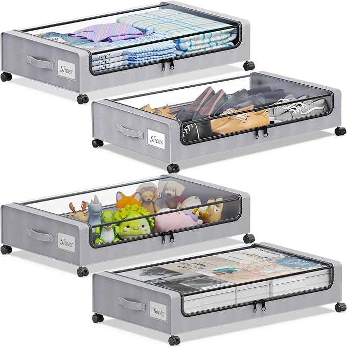 YAASHEEN Under Bed Storage with Wheels, 4-Pack Under the Bed Storage Containers with Clear Lids & Label, Underbed Storage Bins, XXL 60L Rolling Metal Drawer for Clothes, Shoes, Toys, Books - Gray