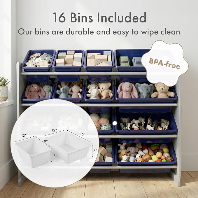 Humble Crew Kids Toy Organizer with 16 Bins, 4 Tier Storage for Playroom | Sturdy wood and steel toddler shelf, removable BPA-free containers, wall anchor anti-tip safety kit for bedroom or classroom