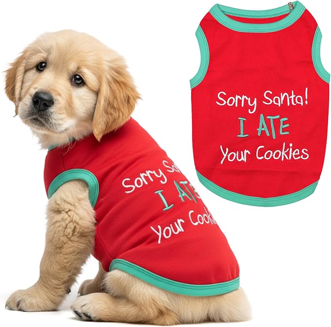Parisian Pet Dog Tshirt - Embroidered “ Sorry Santa I Ate Your Cookies “ Dog Shirt - Lightweight Cotton Pet Christmas Outfit - Sleeveless Christmas Puppy Clothes - Shirts for Small Dogs - XXS