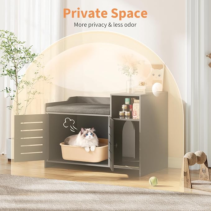 Cat Litter Box Enclosures, Large Hidden Cat Litter Box Furniture with Double Door, Wooden End Table Litter Box Cabinet with Storage Shelf, Cushion & Litter Mat, Dog Proof Design, Modern Cat House