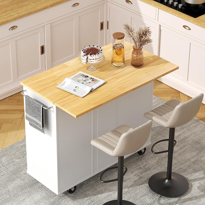 Mobile Kitchen Island on Wheels, Rolling Storage Cart with Drawers, White | 40" Rolling Kitchen Cart , Portable Utility Cart with Locking Casters, for Small Kitchens & Dining Rooms