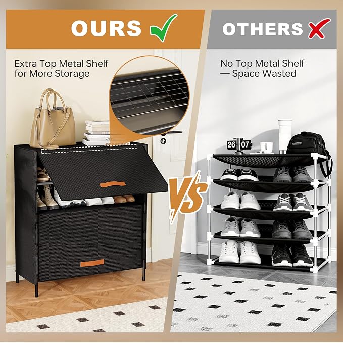 4-Tier Shoe Storage Cabinet with Fabric Cover, Hard Flip Doors, Holds 12–16 Pairs, Enclosed Dustproof Shoe Rack Organizer for Entryway, Closet & Bedroom, Shoe Shelf, Black, 27.8" x 12.0" x 31.5"