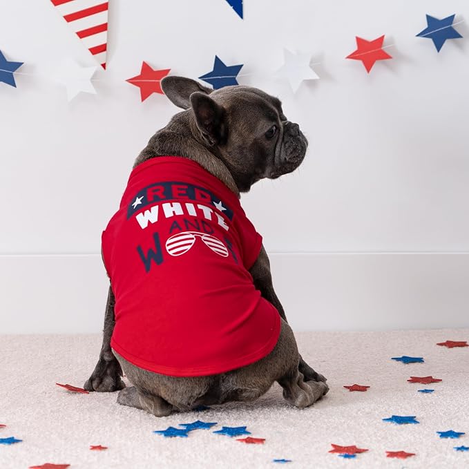 Fitwarm Patriotic Red White and Woof Dog Shirt, 4th of July Dog Clothes for Small Dogs Boy Girl, Funny Doggy Summer Clothes, Pet Outfit, Red, Blue, White, Large