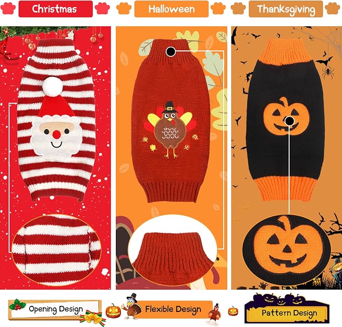 Sanwuta 3 Pcs Halloween Thanksgiving Christmas Dog Sweaters Sets, Large | Turkey,Santa,Pumpkin Festive Design, Soft Smooth Knit Turtleneck, Warm Holiday Costume for Small Dog and Cat, Party Photoprop
