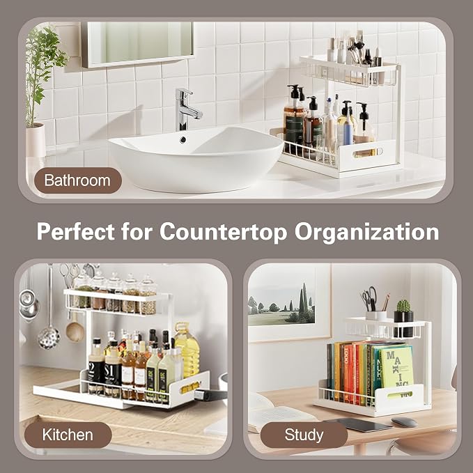 VUSIGN 2 Tier Under Sink Organizer and Storage, Slide Out Pull Out Cabinet Organizer Shelf, Storage for Kitchen Bathroom Laundry, 1Pack, White