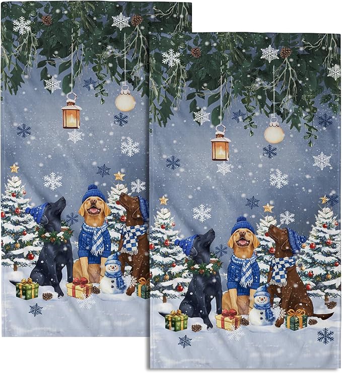 Giwawa Winter Dog Towel Set of 2, Christmas Trees Snowman Presents Funny Puppy Decorative Hand Towels, Xmas Snow Scene Soft Microfiber Face Towel Washcloth for Bathroom Guest Gym Spa Hotel