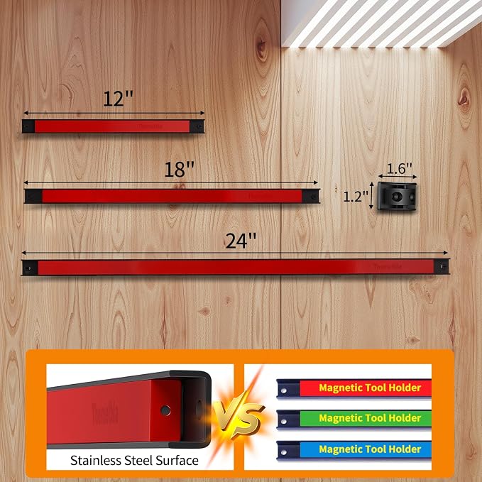 24" Magnetic Tool Holder Strip, 4 Pieces Red Metal Tool Organizer Rack with Stainless Steel Surface, Magnet Bar for Garage Workshop, Easy To Install with Mounting Screws