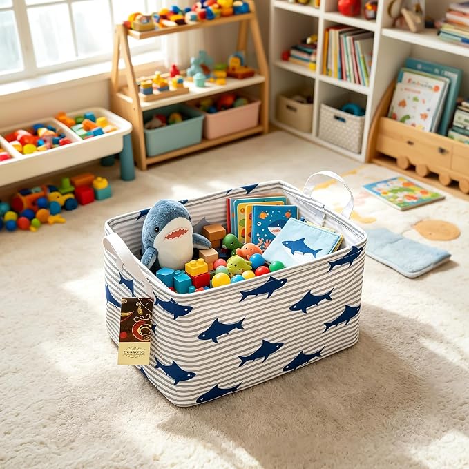 Rectangle Foldable Storage Basket Handles For Home, Shark | Waterproof canvas material, reinforced handles, perfect for shelf use, organizes clothes, daily items and pet supplies