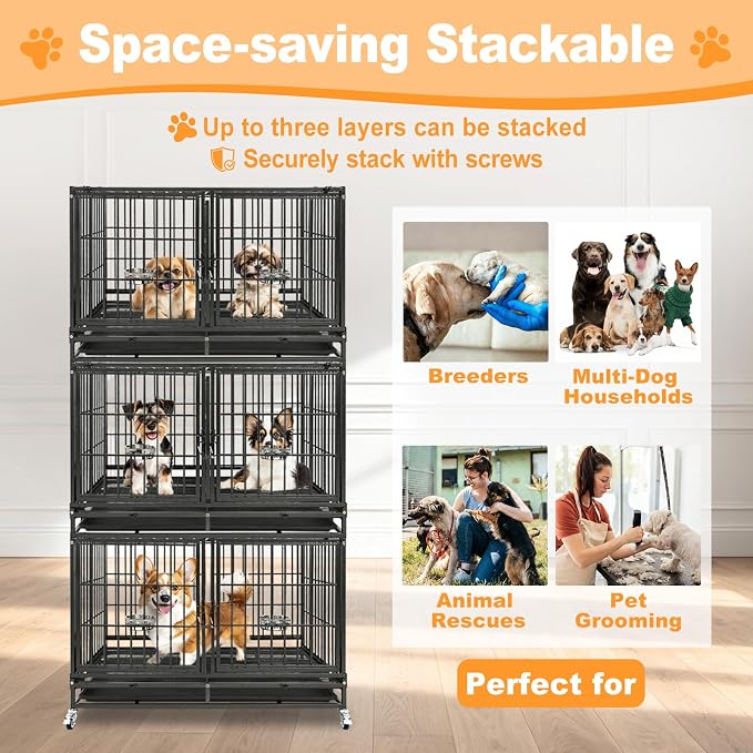 Homey Pet 43 inch Dog Crate Stackable Heavy Duty Dog Kennel Indoor, 2 Tiers | Dog Grooming Cage with Dual Front Doors, Auto Locks, Removable Grid & Tray, Wheels, Bowls, Ideal for Small and Medium Dogs