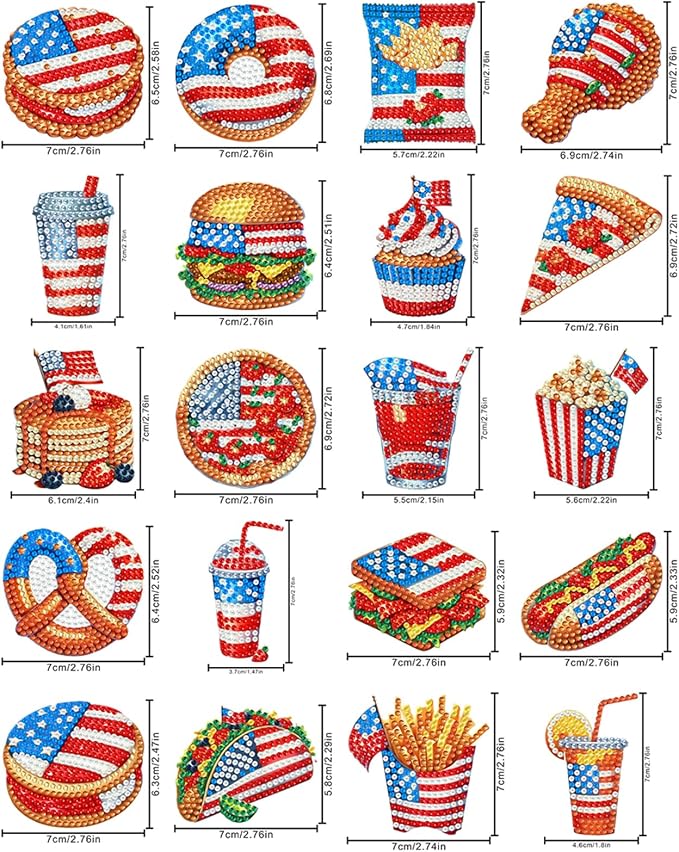 20pcs Independence Day Food 2D Diamond Painting Magnets Team Fridge Magnets | Fridge Magnets 20 Pieces Diamond Painting Kit 2D Acrylic PET Magnetic Food Series DIY Art Home Car Decor