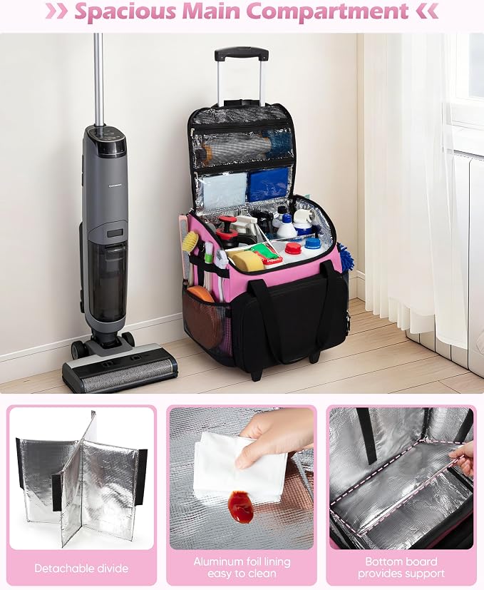 Marscamd Large Rolling Cleaning Caddy Bag with Detachable Trolley, Pink | with Detachable Shoulder Strap, Cleaning Bags for Housekeepers on Wheels