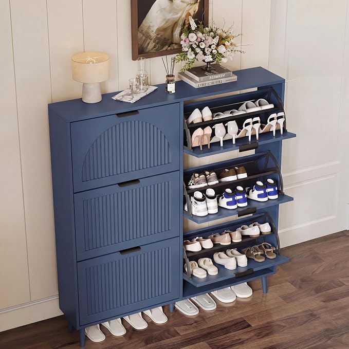 Shoe Storage Cabinet with 6 Flip Drawers, Narrow Wood Shoe Organizer Cabinet with Fluted Panel, Slim Shoe Rack for Entryway, Freestanding Shoe Cabinet for Living Room, Hallway, Blue