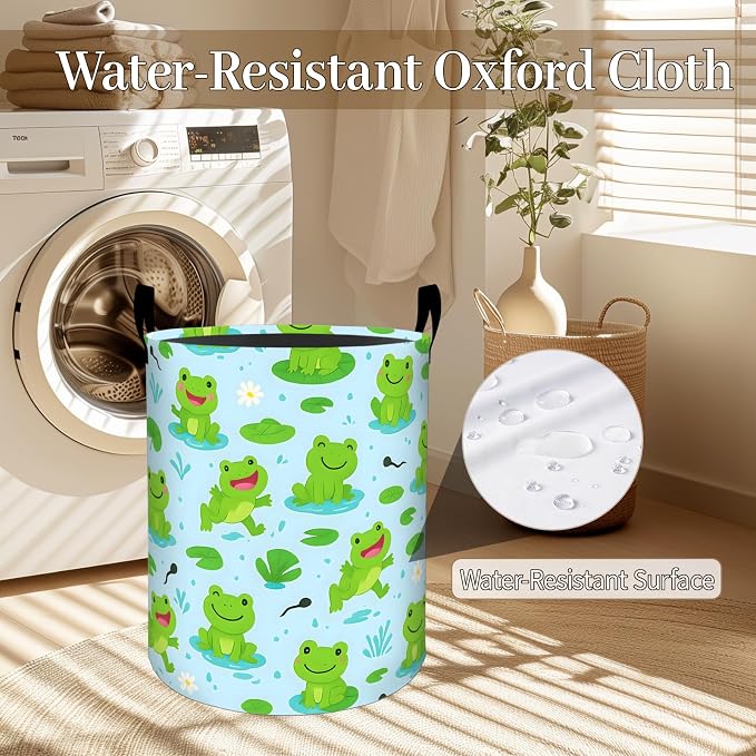 Cute Frog Laundry Basket, Cartoon Frogs Lily Foldable Oxford Cloth, Waterproof Dirty Clothes Hamper with Handles, Clothing Storage Bin Toy Organizer for Bedroom Dorm Bathroom, 19.7"x15.7"