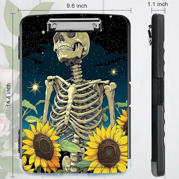 A4 Clipboard with Storage Pen Holder, Clipboards Organizer Nursing Clipboard Foldable File Folder Plastic Clipboard Folio Clip Board for Office Work Classroom Doctor, Dark Skull Sunflower