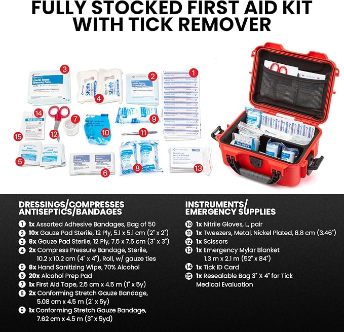 NANUK 904 Waterproof First Aid Kit 110pcs – Durable, Pre-Stocked First Aid Emergency Kit with Bandages, Tick Removal Tool, and More – Dustproof, Impact-Resistant, Floats (10.2" x 7.9" x 4.5") – Red