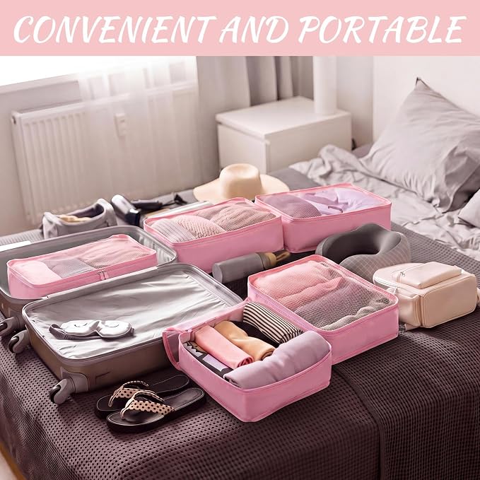 Silkfly 8 Pcs XL Packing Cube for Travel Luggage,Simple,Pink | 17.7 x 13 x 4.7, Same Size, Pink Suitcase Storage Organizer Set, Reusable Mesh Clothes Cube for Hiking Camp Family Accessory