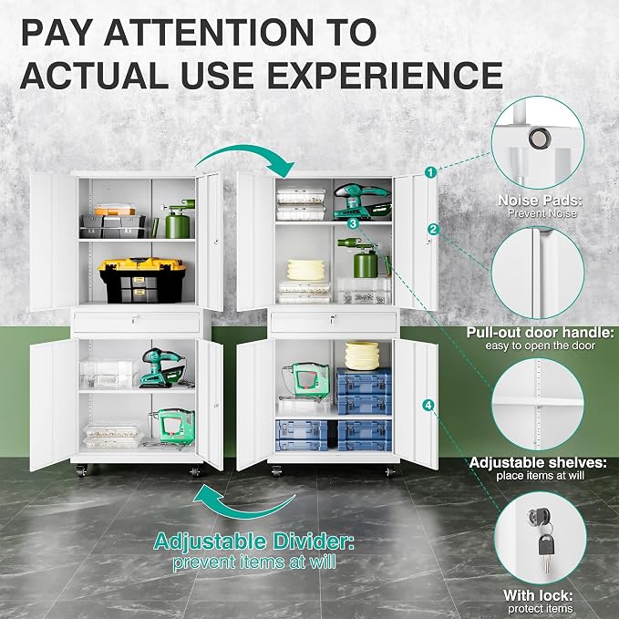 White Metal Storage Cabinet with Wheels and Drawer,Rolling Garage Cabinet with Locking Doors and Adjustable Shelves,73" Mobile Tall Large Metal Cabinets for Home,Office,Garage,Shop