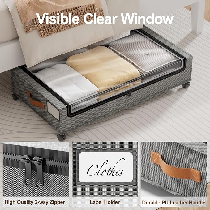 LAMU Under Bed Storage with Wheels, 2Pack Underbed Storage Containers, Grey | Smooth-rolling Wheels, Clear Lid & Label, Sturdy Metal Frame, Easy Install, Rolling Storage Drawers for Clothes, Shoes, Toys