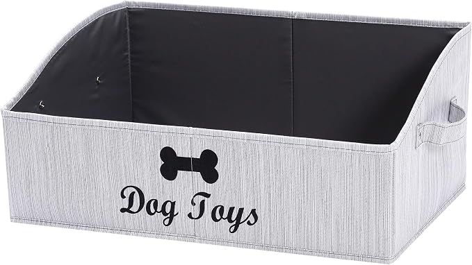Geyecete Foldable Fabric Dog Toy Storage Box - Collapsible Basket with Handle, Organizer for Large Dog Toys (Slub Gray-DOG)