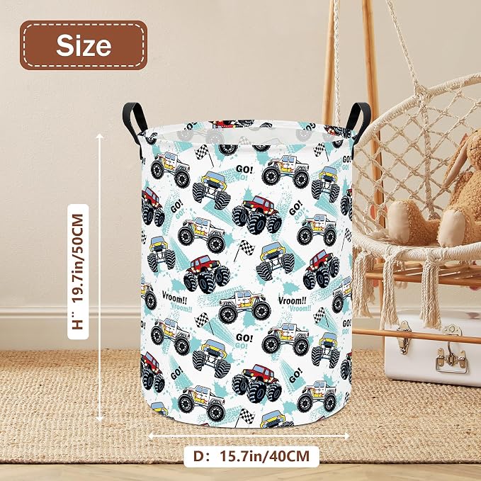 Monster Truck Fabric Storage Bin Nursery Organizer Basket | Organizer Bin Dirty Clothes Collapsible Waterproof for College Dorms, Boys and Girls Bedroom,Bathroom