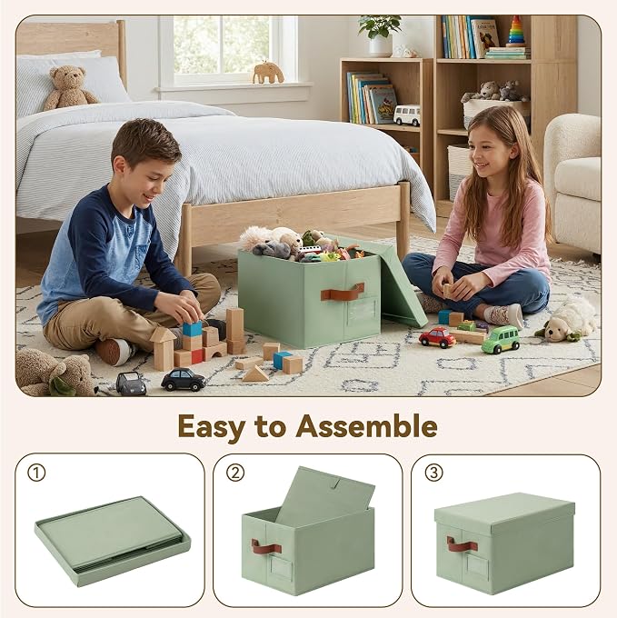 GRANNY SAYS Storage Bins with Lids, Decorative Storage Boxes with Lids | Storage Box with Dust Cover, Handles & Lable, Collapsible, Ideal for Closet Clothes Blanket Toys, Medium, Green&Brown, 3-Pack