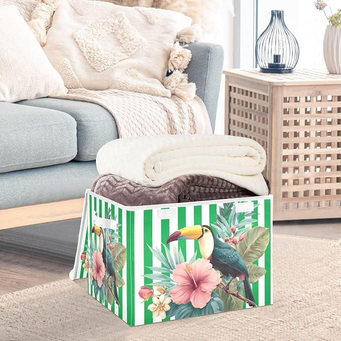 Fabric Storage Bins with Lid Floral Bird Foldable Storage Boxes 40L Baskets | Decorative Storage Boxes, Dust-Proof Flip Top, Reinforced Handles, For Home & Bedroom, Clothes & Toy Box, Flower Fabric Print