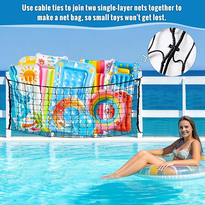 79" * 47" Pool Float Toy Storage Net, 2Pcs Extra Large Hanging Elastic Mesh Pool Storage with 20 Hooks & 200 Ties, Swimming Poolside Fence Toys Holder for Floats, Balls, Water Inflatable Toys Rafts