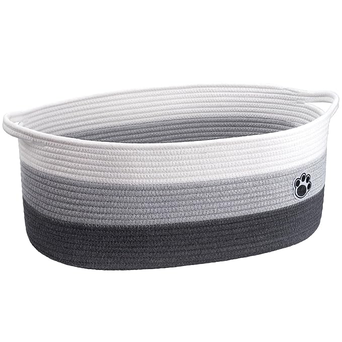 30L Large Woven Rope Dog Toy Basket with Paw Print, Mixed Grey | 19.7" x 11" x 7.9" Dog Toy Bin & Box with Handles, Storage Basket for Blankets Towels, Fits Living Room Nursery Bedroom