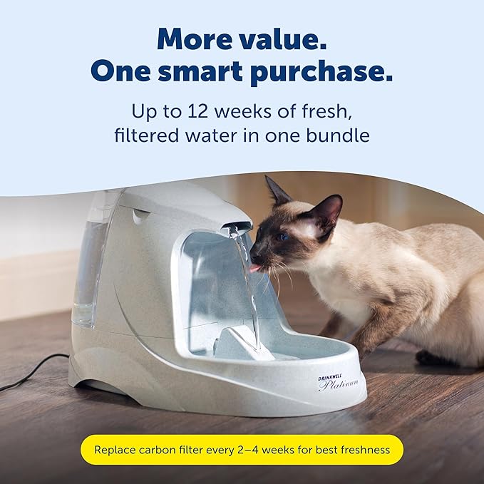 PetSafe Drinkwell Platinum Cat Water Fountain - Pet Fountain for All Pet Sizes, Encourages More Drinking, Includes Extra 3-Pack Replacement Carbon Filters, Indoor Use, Grey (168 oz/5L)