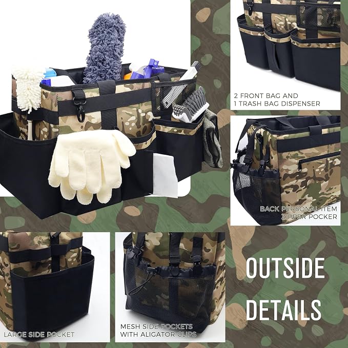 SCAVATA Wearable Cleaning Caddy Organizer with Handle & Shoulder Straps for Housekeepers, Under Sink & Car Cleaning Tool Organizer Bag with 4 Foldable Dividers (Camouflage)