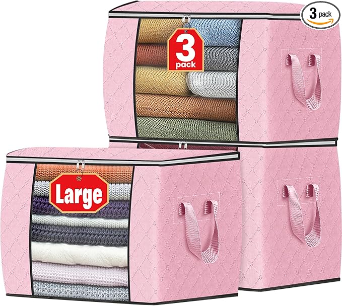 90L Clothes Storage, Foldable Thick Fabric Blanket Storage Bags | Foldable Containers with Zippers,Window and Handles for Organizing Bedroom, Closet, Comforter, Bedding,Dorm essentials