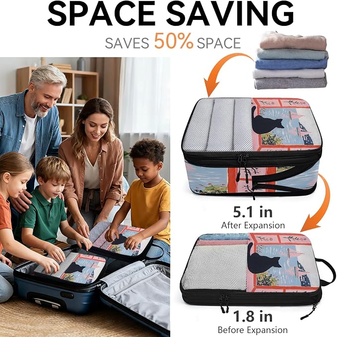 Cute 6 Set Compression Packing Cubes Black Cat Expandable Packing Organizer for Travel Accessories Luggage Suitcase Bag