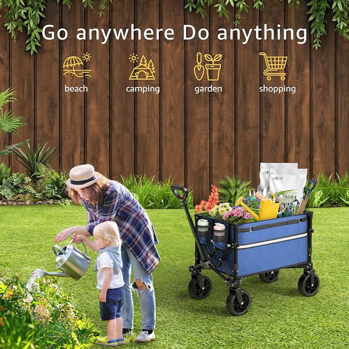 ROSONG Collapsible Wagon Cart with Wheels Foldable - Folding Utility Heavy Duty Wagons Carts for Grocery Sports Garden Shopping Camping Wheelbarrows (Navy Blue, 120L)