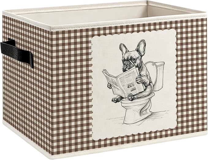 French Bulldog Bathroom Foldable Storage Bins Box with Handles, French Bulldog Gifts for Women Men, Boho Gingham Frenchie Dog Decorative Storage Boxes Baskets Organizer for Washroom Bathroom
